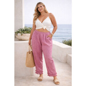 Crown & Ivy Womens 100% Linen Pants Size 14 Pink Tassel Coastal Resortwear Lagom